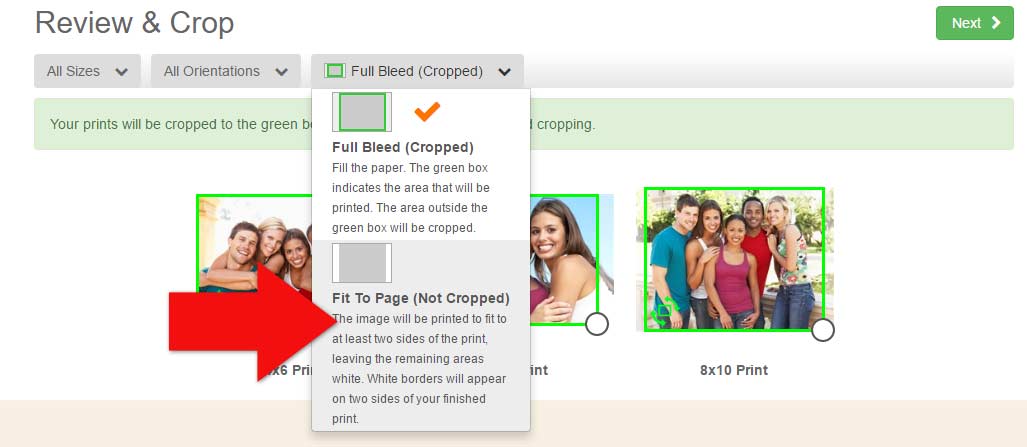 Order prints with no cropping on MyPix2 with Fit to Page prints