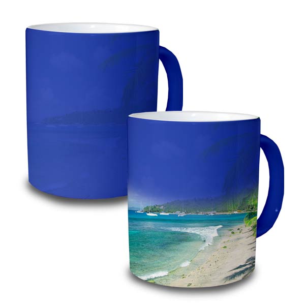 Enjoy a hot drink in a blue mug that magically shows your photo content with hot fluid