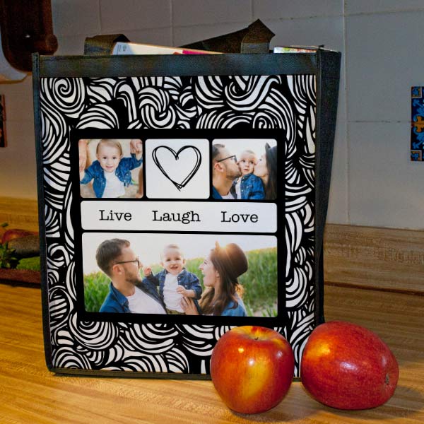 Design your own resuable bag with your own photos, text and multiple fun, colorful backgrounds.