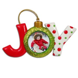 Create a custom photo ornament with the text JOY and colors Red and Green