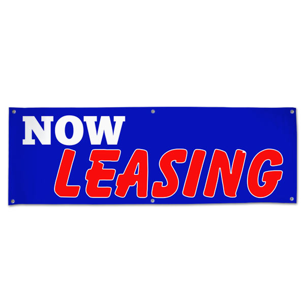 Perfect for real estate, lease your space and get the word seen with this 6x2 blue Now Leasing banner