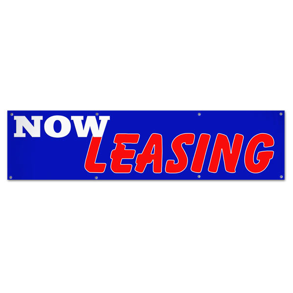 Perfect for real estate, lease your space and get the word seen with this 8x2 blue Now Leasing banner