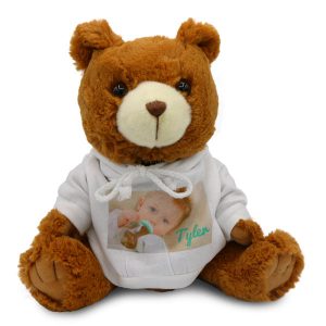 Cute stuffed teddy bear with photo personalized hooded sweatshirt