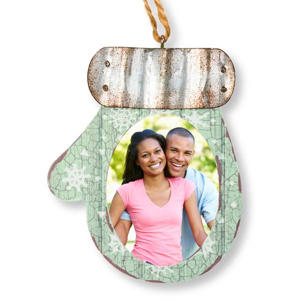 Metal and wood Mitten ornament with your photo added looks beautiful on any Christmas tree