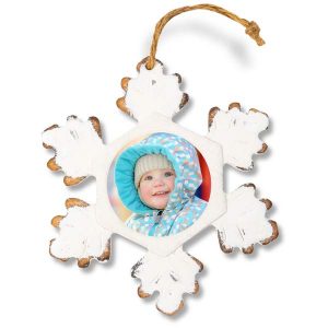 Add your picture to a beautiful rustic white snowflake wood ornament