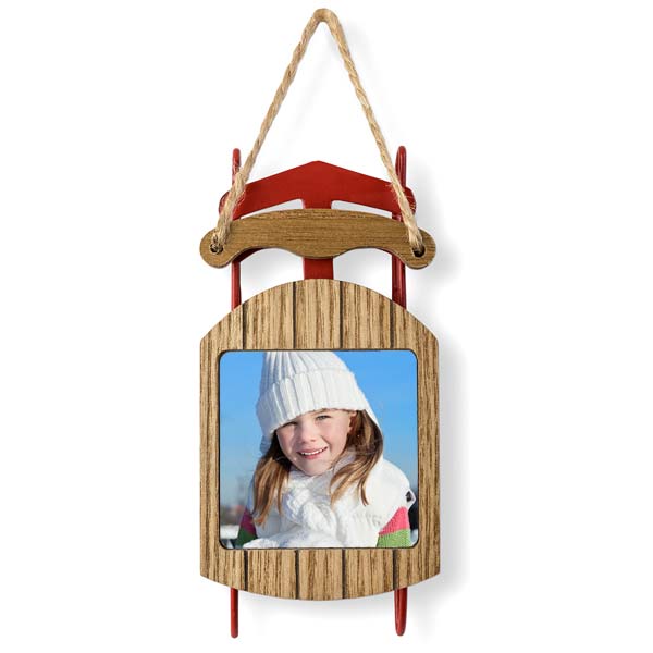 Wood and red metal sled photo ornament, just add your own picture