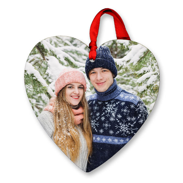 Glossy photo ornaments are available in a variety of shapes, including hearts