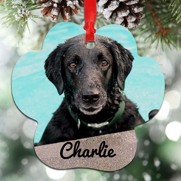 Create a custom ornament in the shape of a paw featuring your pets photo and name