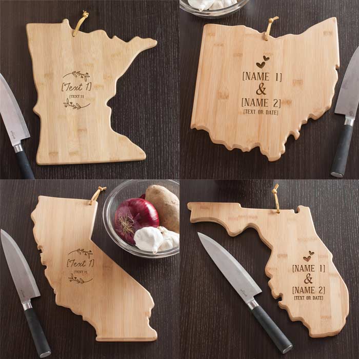Engraved bamboo cutting boards available in an assortment of US State Shapes