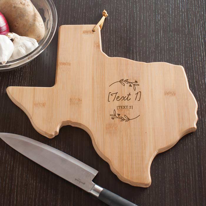 Personalized Engraved bamboo cutting board shaped like the state of Texas